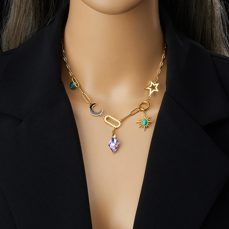 LAMENGLY 316l Stainless Steel Multi Element Splicing Amethyst Moon Stars Turquoise Elements Necklace Creative Clavicle Chain