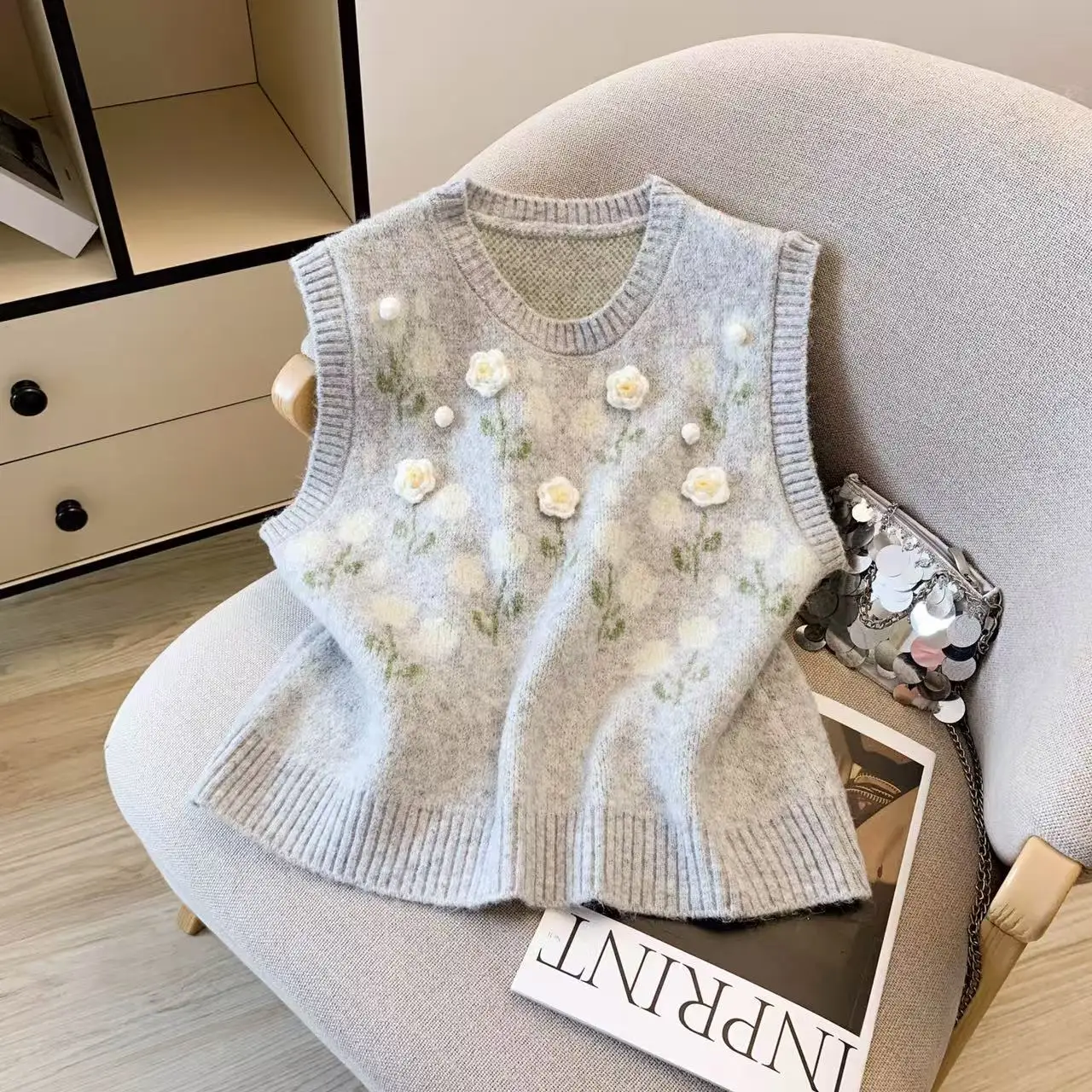 

Dongda Gate Autumn Winter New Sle 3D Flower Svel Versatile Knitted Vest Women's Trendy round Ne ort Length Sweater