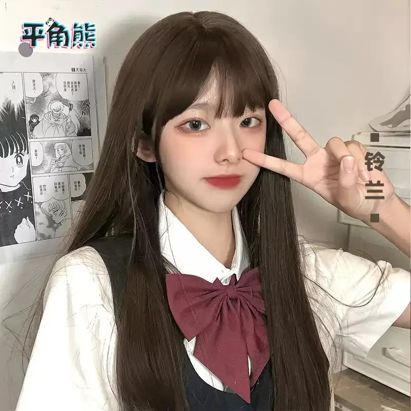 Natural Realistic Japanese Long Straight Full Wig with Airy Bangs Heat‑Resistant Synthetic Wig Soft‑Girl Style  Party Cosplay