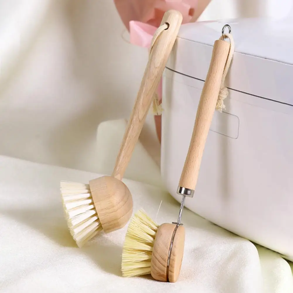 Pot Brush With Ergonomic Long/Short Round Handle High Density Bristle Wooden Cleaning Brush Stain Remover Brush 주방 싱크대 솔