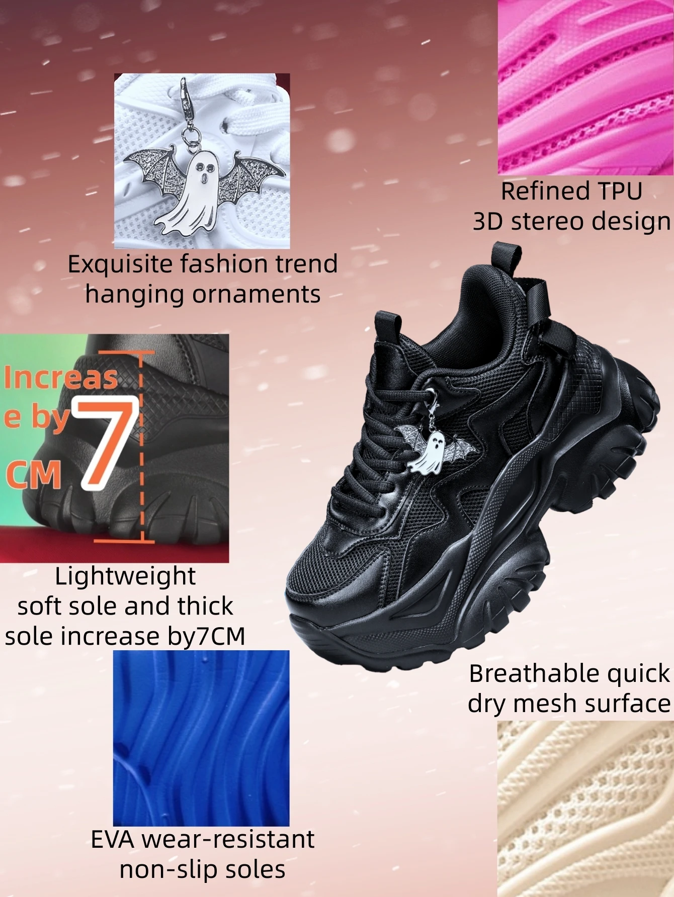 Women's Dark Gothic Style Thick-Soled 7cm Height-Increasing Dad Shoes, Sweet and Cool Y2K High Street Ghost-Themed Fashion, Versatile Black Casual Sneakers, Lightweight Breathable Mesh Fabric Upper, Detachable Silver Ghost Metal Pendant, Eva Non-Slip Wavy Outsole, Suitable for All Seasons, Trendy Shoes for Everyday Wear, Commuting, Parties, and Multiple Occasions - view 5