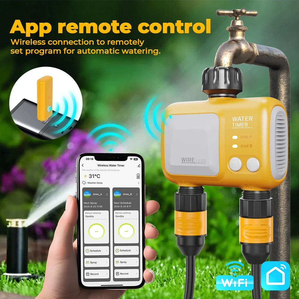 Eshico HCT-626 Temporizador de Riego Inalámbrico de 2 Salidas con Control Remoto WiFi/Bluetooth y App Tuya para Jardín, Riego Automático y Aspersores