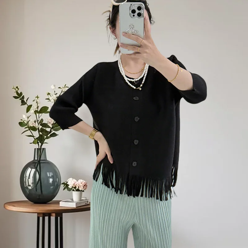 

Miyake Pleated Shirt 2025 Spring New High-end Tassel Design Single-breasted Pleat Jacket Women Versatile Casual Cardigan Tops