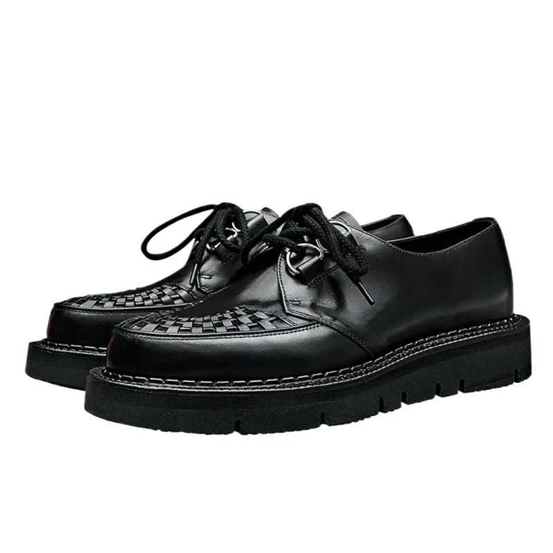 

Genuine Leather Handmade Goodyear Thick Bottom Derby Shoes Man German Technical Rock Style Casual Weave Calfskin Shoes for Men's