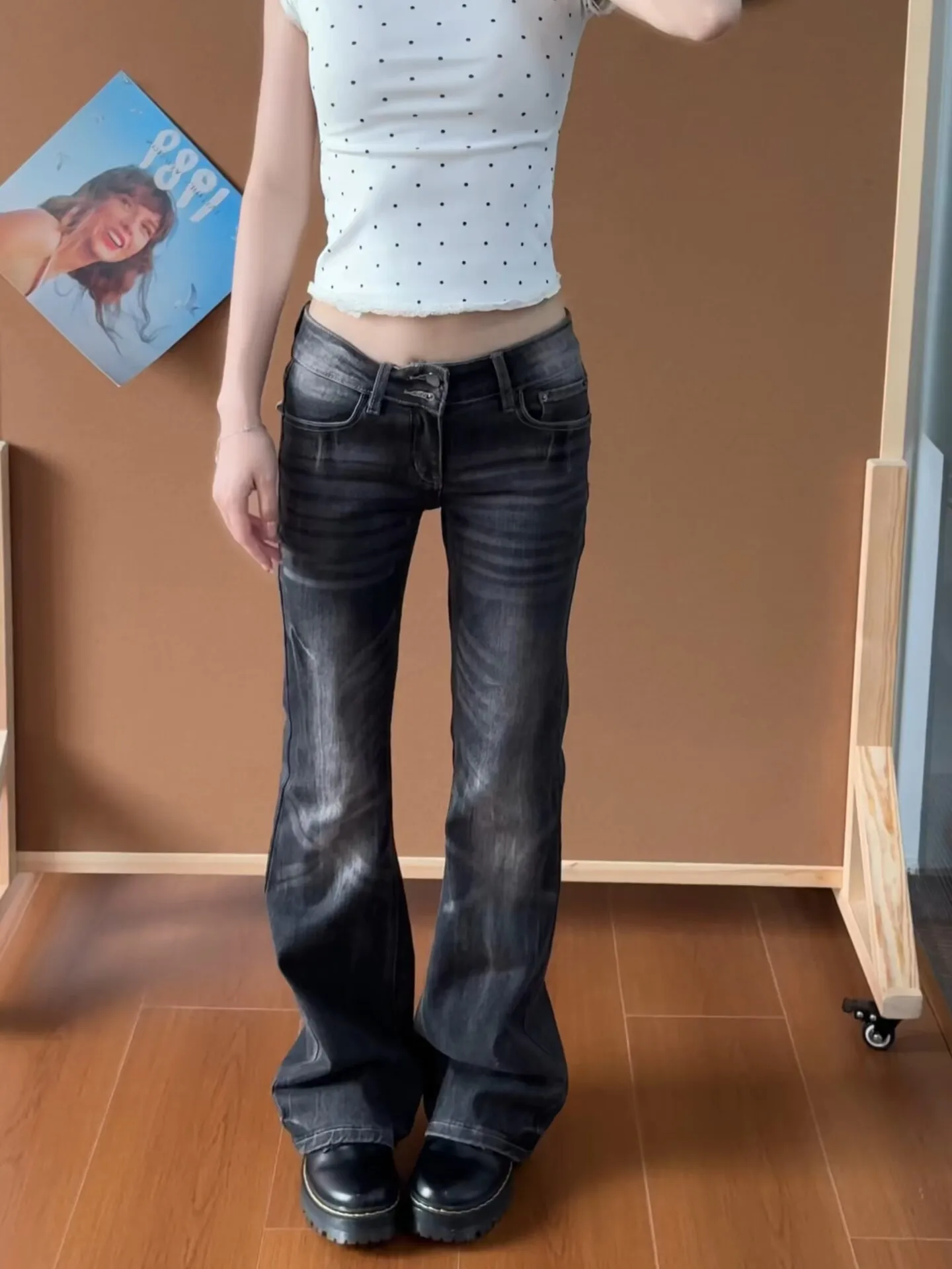 Women Vintage Blue Low Rise Flared Jeans Denim Pants American Retro Slim 90s Bell Bottom Y2k Harajuku Kpop Trousers