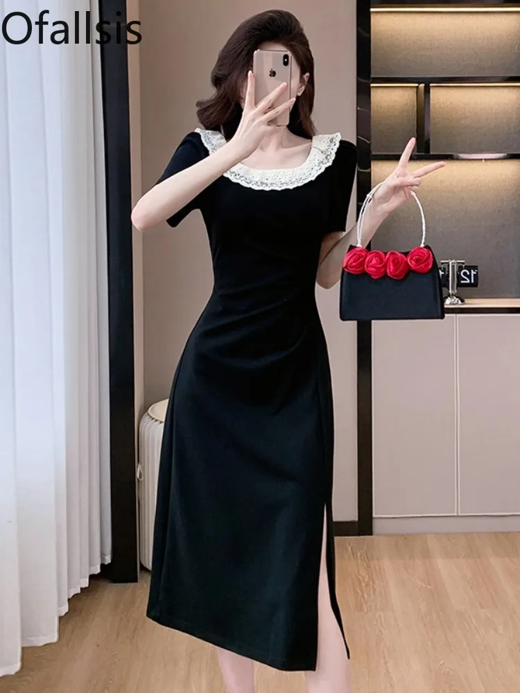 Ofallsis French Retro Sweet Temperament O neck Black Evening Dress 2024 Summer Elegant Lace Stitching Short Sleeved Slit Dresses