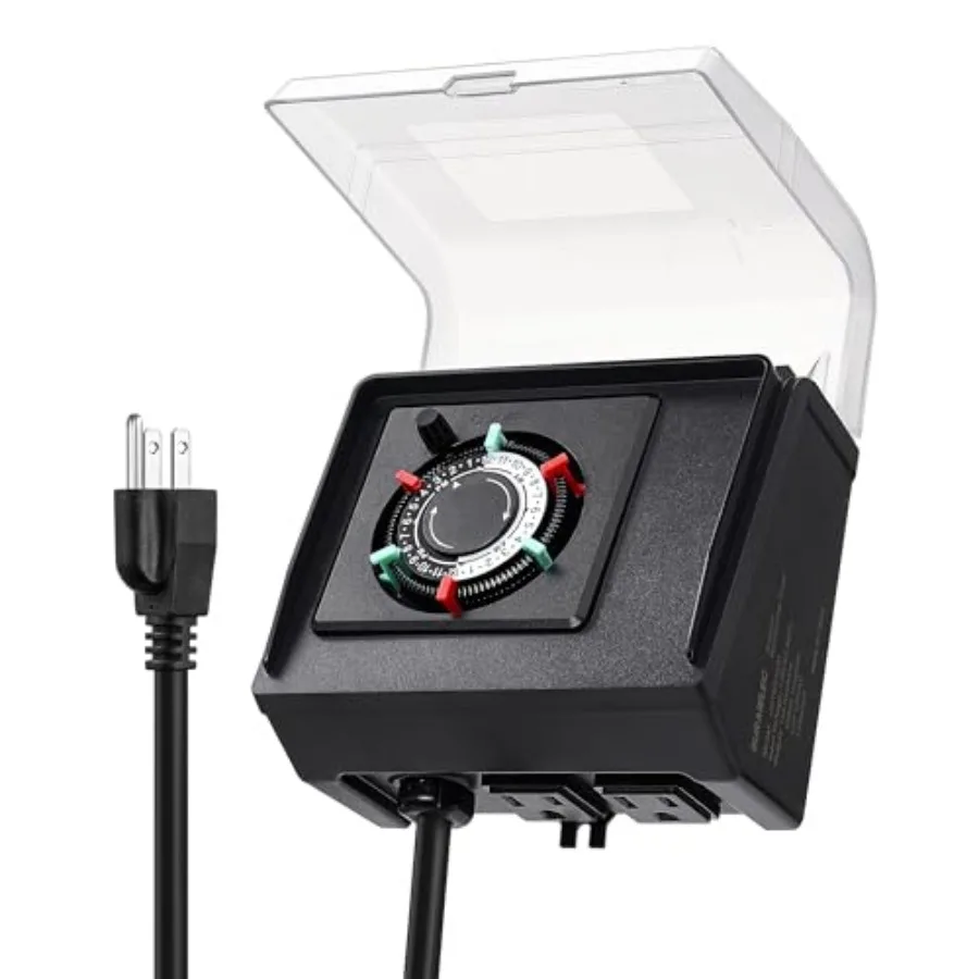 

Pool Timer for Above Ground Pools NEMA 5-15R Plug-in 24-Hour Timer with Dual Outlets 15A 125V 1HP Up to 3 Daily Settings Weathe