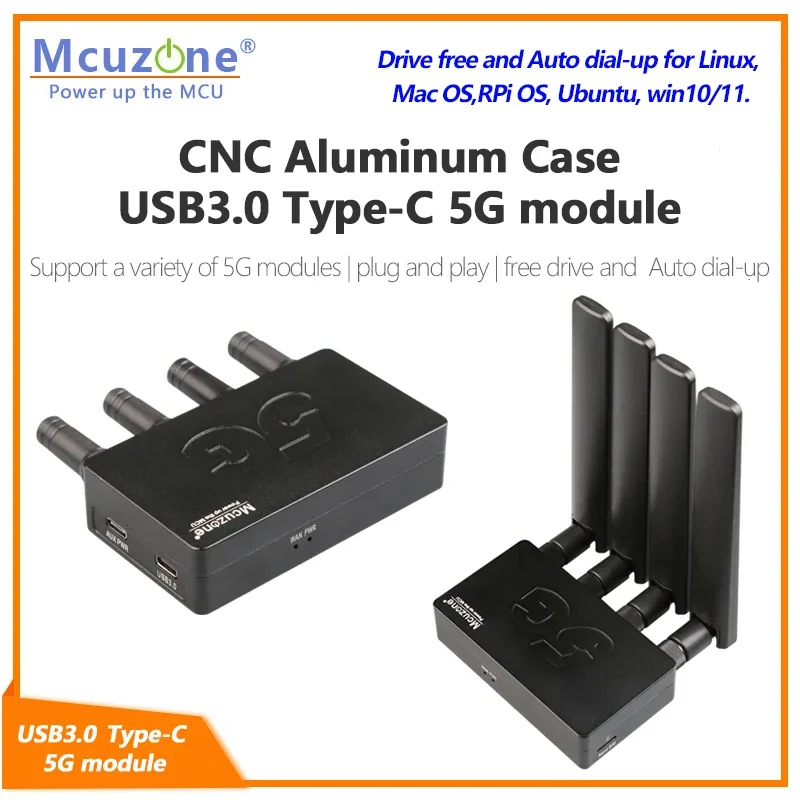 (Model:MR5U3C)USB3.0 Type-C 5G module CNC metal Case, Plug and Play for x86, Mac OS,RPi OS, ubuntu, win10/11,RM520N-GL,FM160-EAU