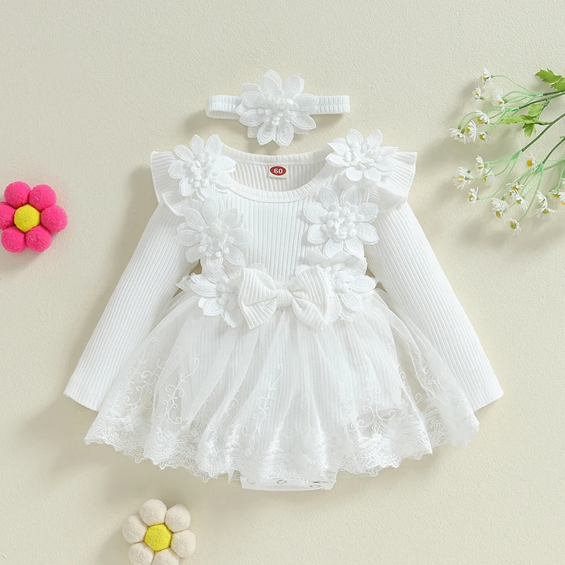 Infant Toddler Girl Romper Dress Newborn Baby Mesh Tull Dress Romper Flowers Lace Fall Winter Festival Clothes with Headband