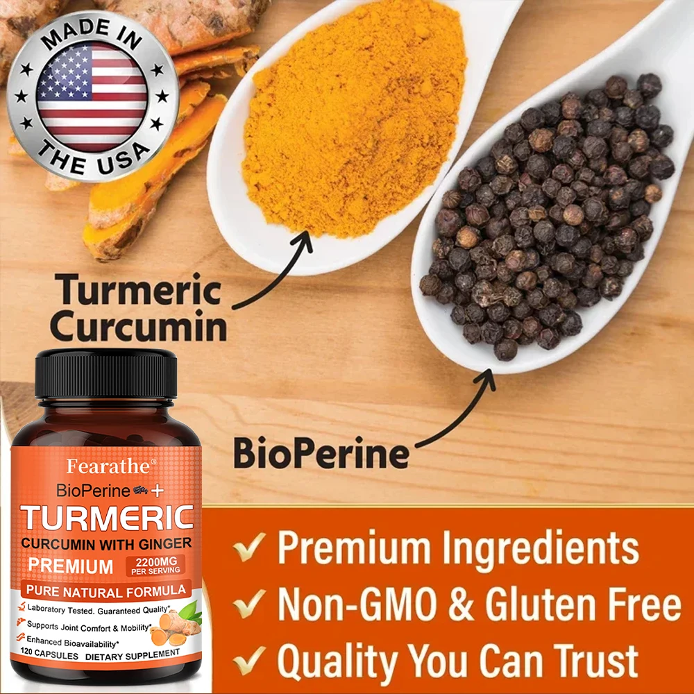 Turmeric and Black Pepper Extract Capsules - Helps with Muscle Flexibility and Bone Health, Relieves Inflammation After Exercise