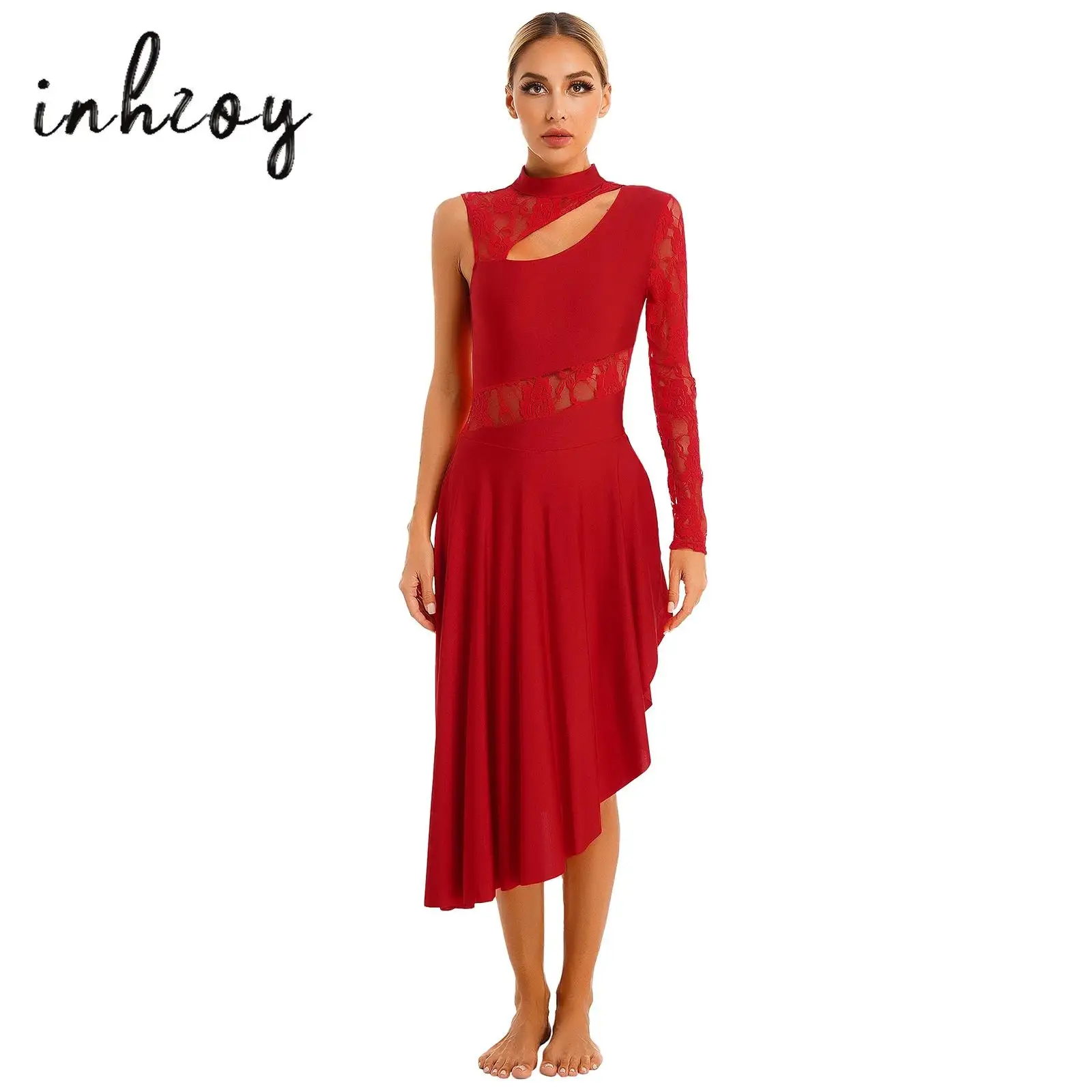 

Womens Waltz Modern Lyrical Dance Dress One Shoulder Long Sleeve Asymmetrical Hem Leotard Dress Ballet Contemporary Dancewear
