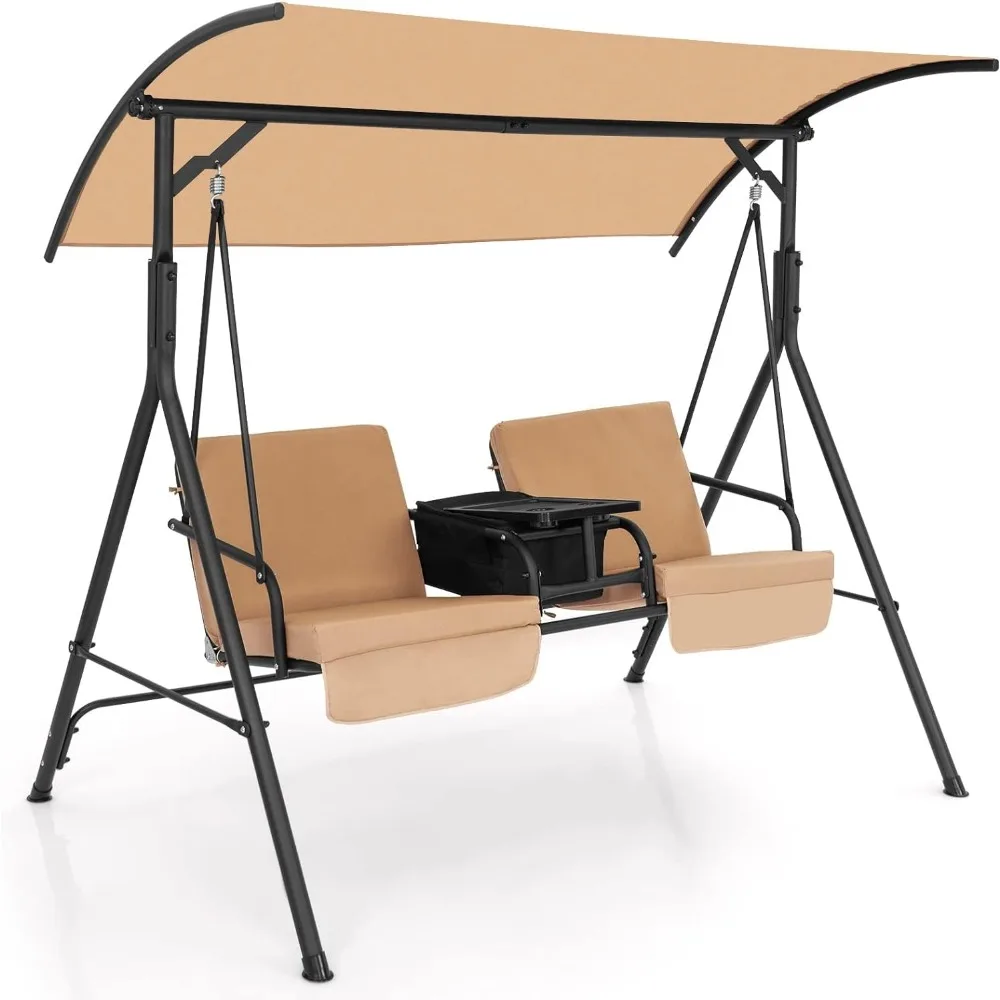 2 Person Porch Swing with Canopy, Outdoor Patio Swing with Center Tray & 6 Gal Cooler Bag, 2 Back Cushions &  2 Seat Cushions