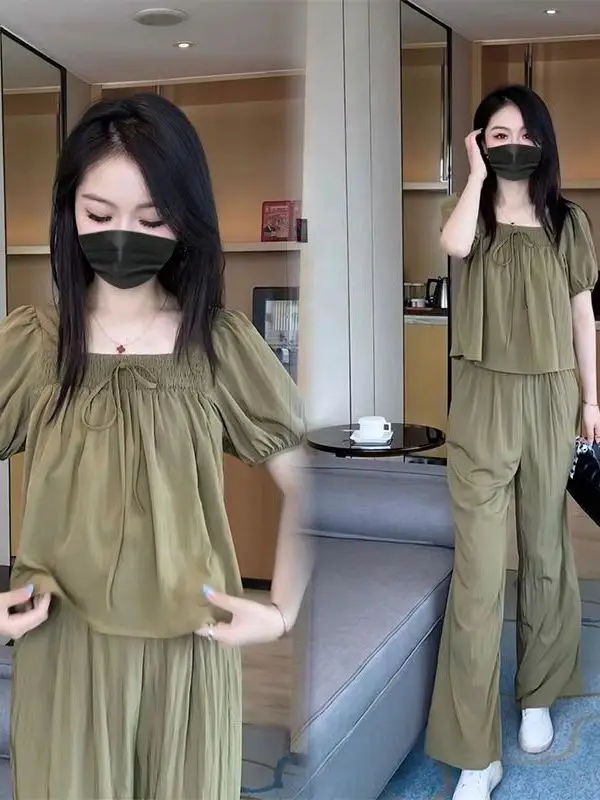 Faionable été minceur grande taille ensemble pour femmes col carré pantalon à jambes larges deux pièces Suite coréenne Sle taille haute Polye...