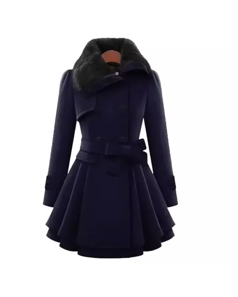 Women Jacket Slim Long Pleated Waistband Double Breasted Woolen Coat Autumn Winter Fashionable Warm Plus Size Female Clothing