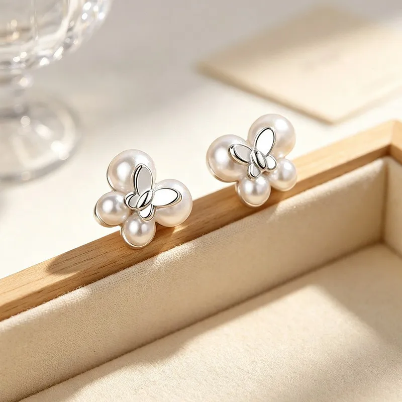 VENTFILLE 925 Sterling Silver Butterfly Pearl Earring for Women Ear Sweet Commute Versatile Jewelry Gift Dropshipping
