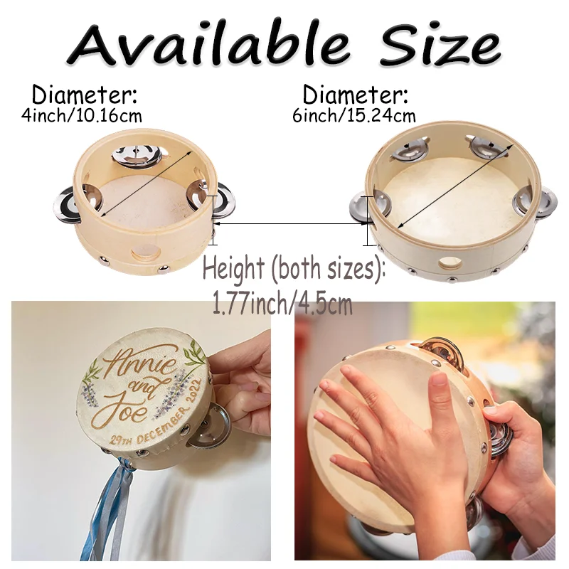 10-50 Stück MINI Tamburine für Hochzeiten, Handtrommel aus Schafsfell, Musikinstrument für Hochzeitsempfänge, Hochzeitsfeiern (4/6 Zoll) – Detail 11