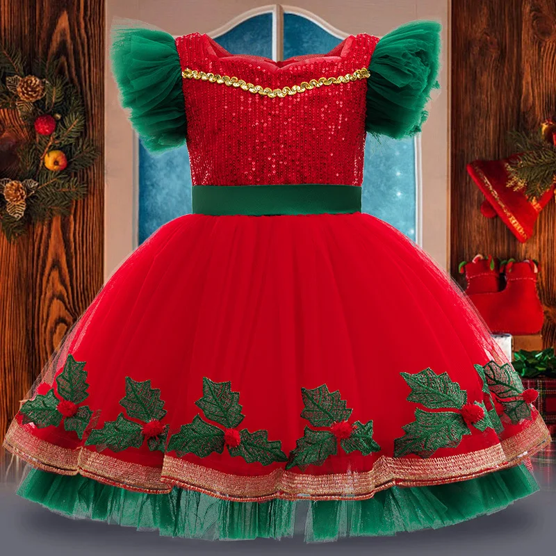 Christmas Girls Dress Embroidery Splicing Mesh Princess Dress For 3 4 5 6 8 10 Years Teen Girls Stylish Party Gown Dress