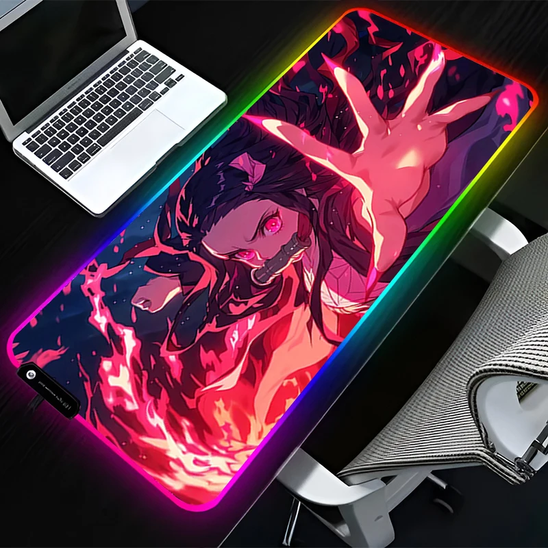 

RGB LED Mouse Pad Rubber Mousepad Computer Gaming Accessories Keyboard Pad Office Non Slip Desk D-demon Slayer Nezuko Mouse Mat