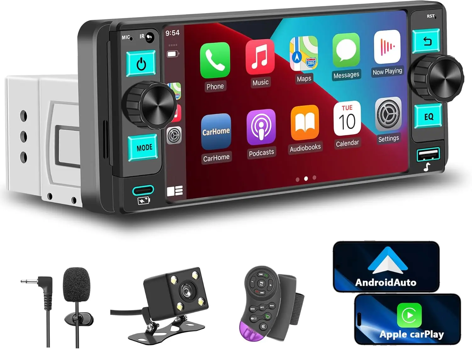 

Single Din Car Stereo with Wireless Apple CarPlay, Android Auto, Touchscreen, Bluetooth, Backup Camera, GPS