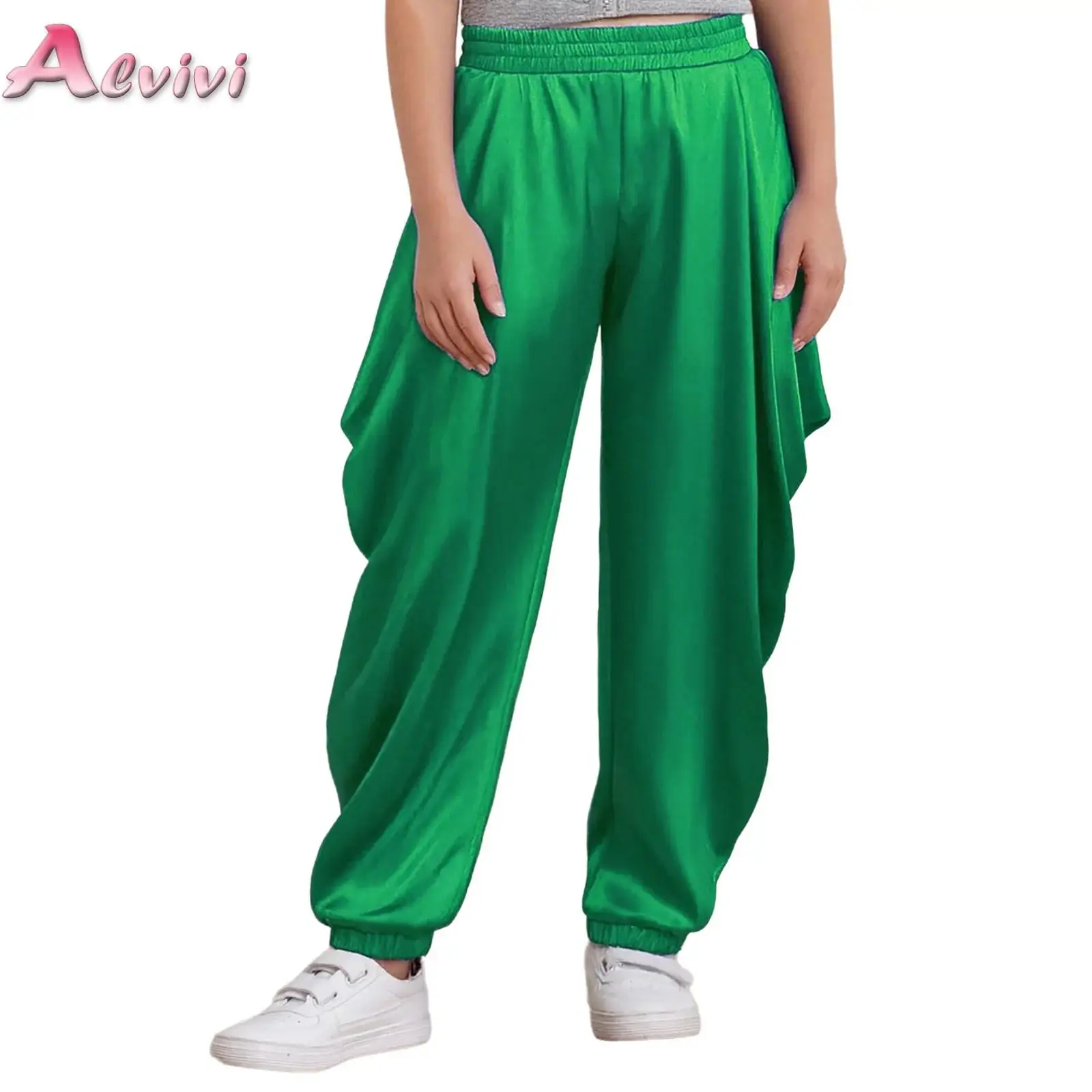 Boys Girls Satin Dhoti Pants Elastic Waistband Loose Baggy Trousers Halloween Arabic Arabian Prince Cosplay Dress Up Harem Pant