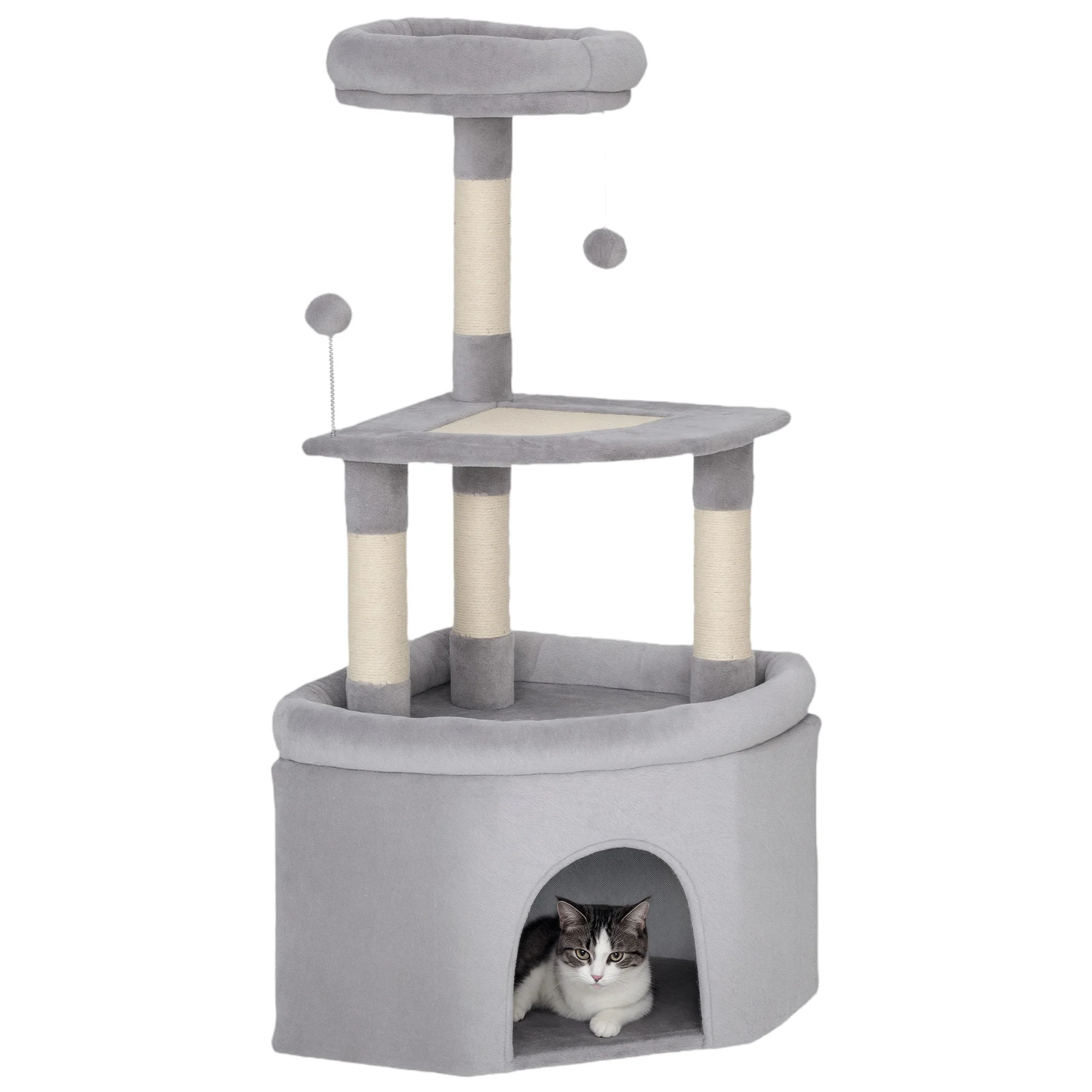 Torre per gatti PawHut a forma di albero, altezza cm, con sisal e piatto. piatto, nicchia, letto, tessuto felpato, palline, multilivello, grigio chiaro