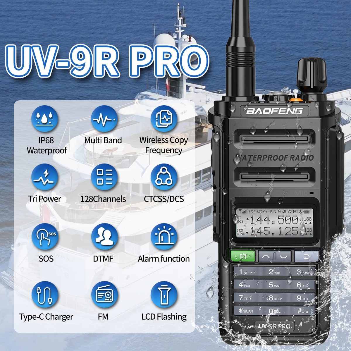 BAOFENG UV-9R PRO Multi Band Walkie Talkie IP68 Waterproof Wireless Copy Frequency Tri Power Type-C DTMF Long Range Ham Radio