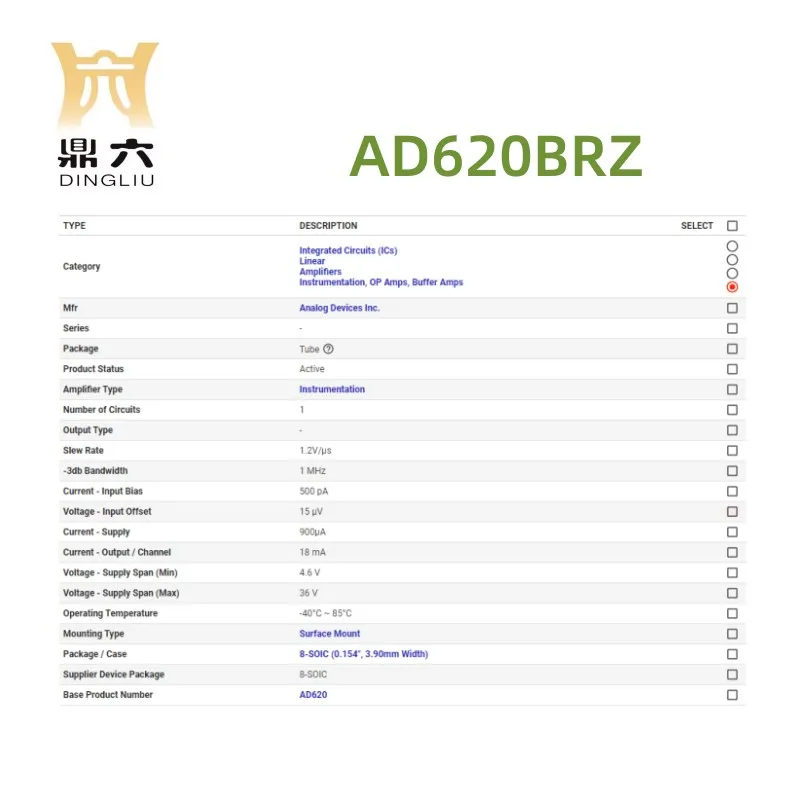 AD620BRZ  Instrumentation Amplifier 1 Circuit 8-SOIC