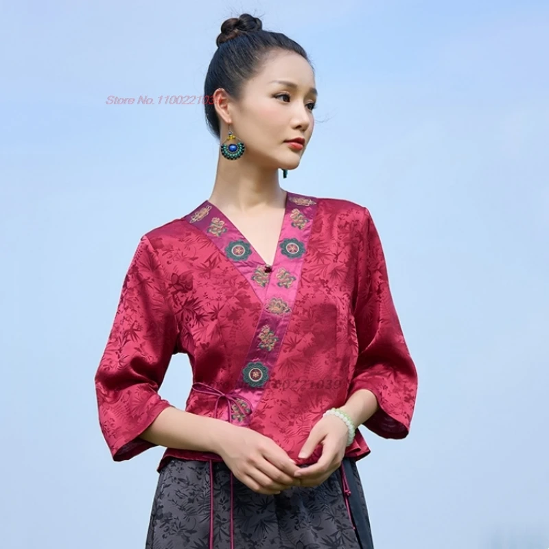 

2025 chinese vintage hanfu tops national flower embroidery folk blouse women ethnic v-neck blouse oriental satin jacquard blouse