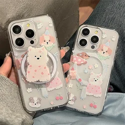 Cute Dog Flower Magsafe Case For iPhone 16 15 14 Pro Max 11 12 13 Pro XS Max X XR 7 8 Plus Magnetic Stand Holder PC Clear Cover