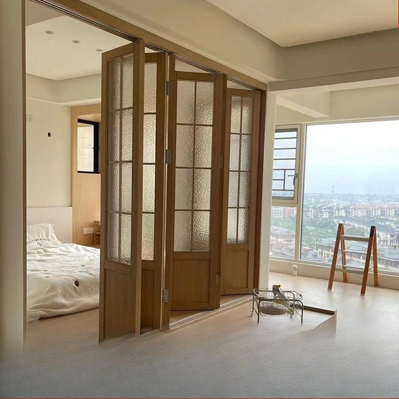 

Japanese folding door Log lattice doors and windows Room tatami balcony partition sliding door Trackless folding door