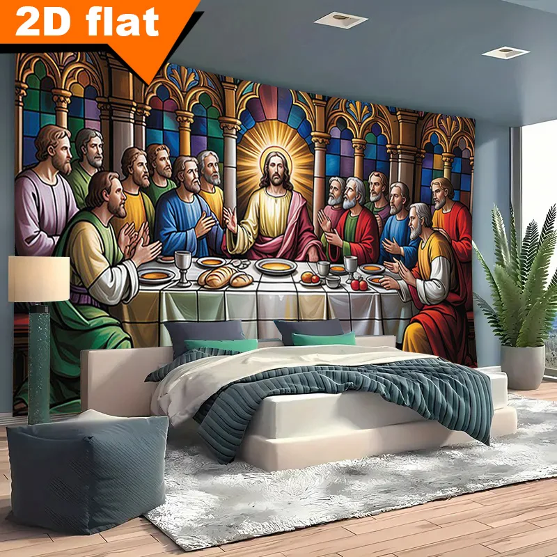 The Last Supper Tapestry - Jesus and Disciples Religious Art, Stained Glass Style Wall Decor Christian Home Decoration Polyester
