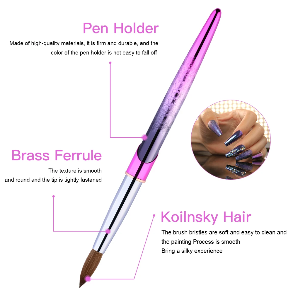 Acrylic Nail Art Painting Brush, Kolinsky Soft Bristle, Purple Non-slip Handle, 12 14 16 Size Manicure Tools