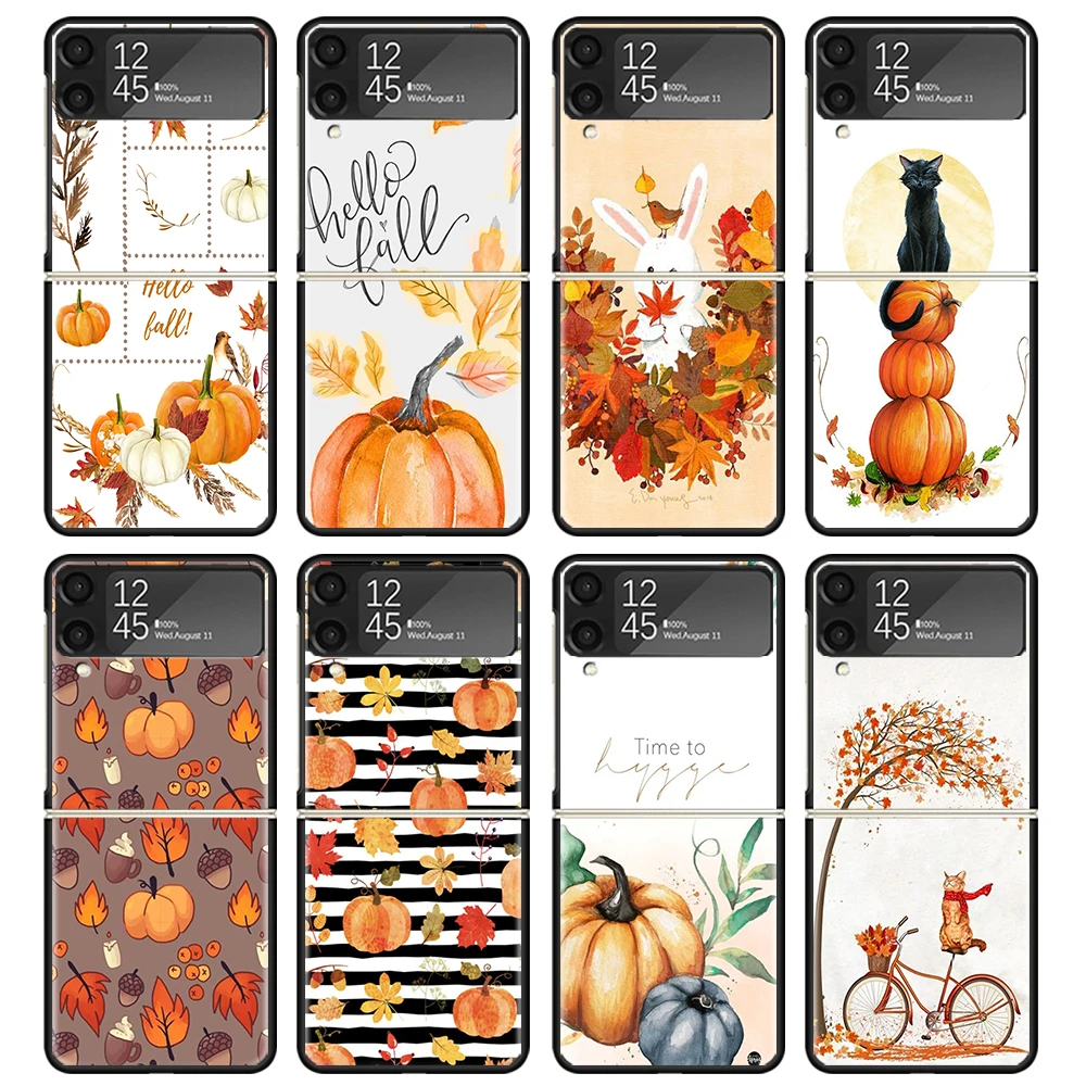 Pumpkin Happy Fall Autumn Case For Samsung Galaxy Z Flip 4 5 3 z Flip5 Flip4 5G Hard Phone Cover Flip3 Split Folding Black Plast