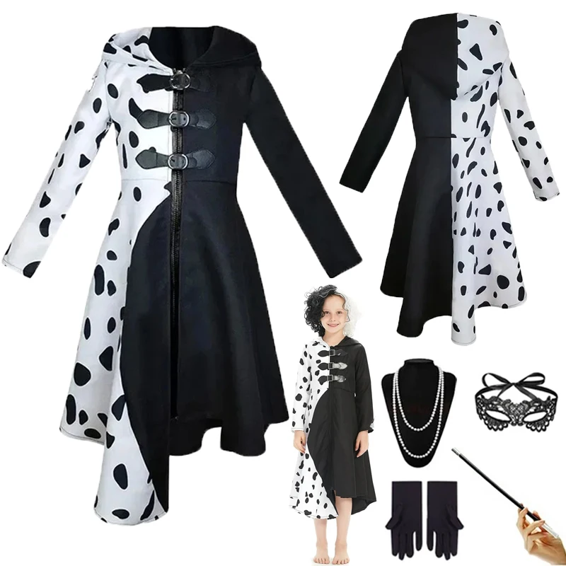 

Black White Deville Cosplay Costume Black Dalmatian Jumpsuit Dress Girls Halloween Cosplay Party Dress
