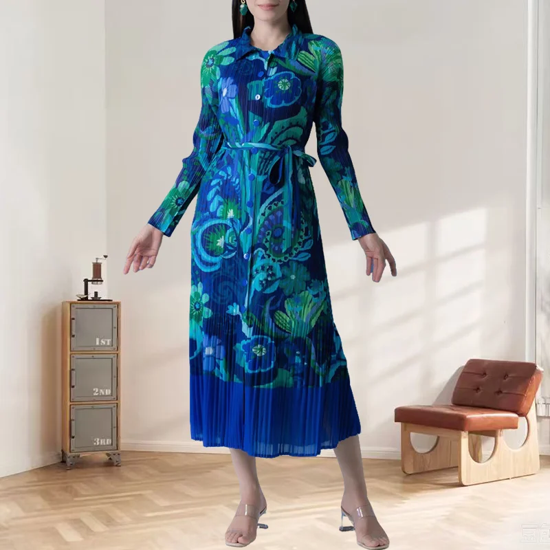 

Miyake Pleated Dresses Plus Size Women's Slimming Thin Printed Fold Dress Miyake Pleat Long Dress Light Luxury High Sense