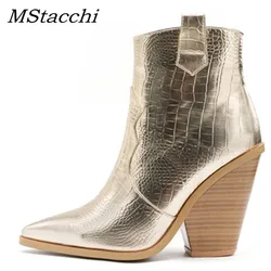 MStacchi Stivaletti con stampa serpente oro per donna Stivali con zeppa con tacco alto Donna Runway Design Tacchi grossi Botas Mujer Stivale occidentale
