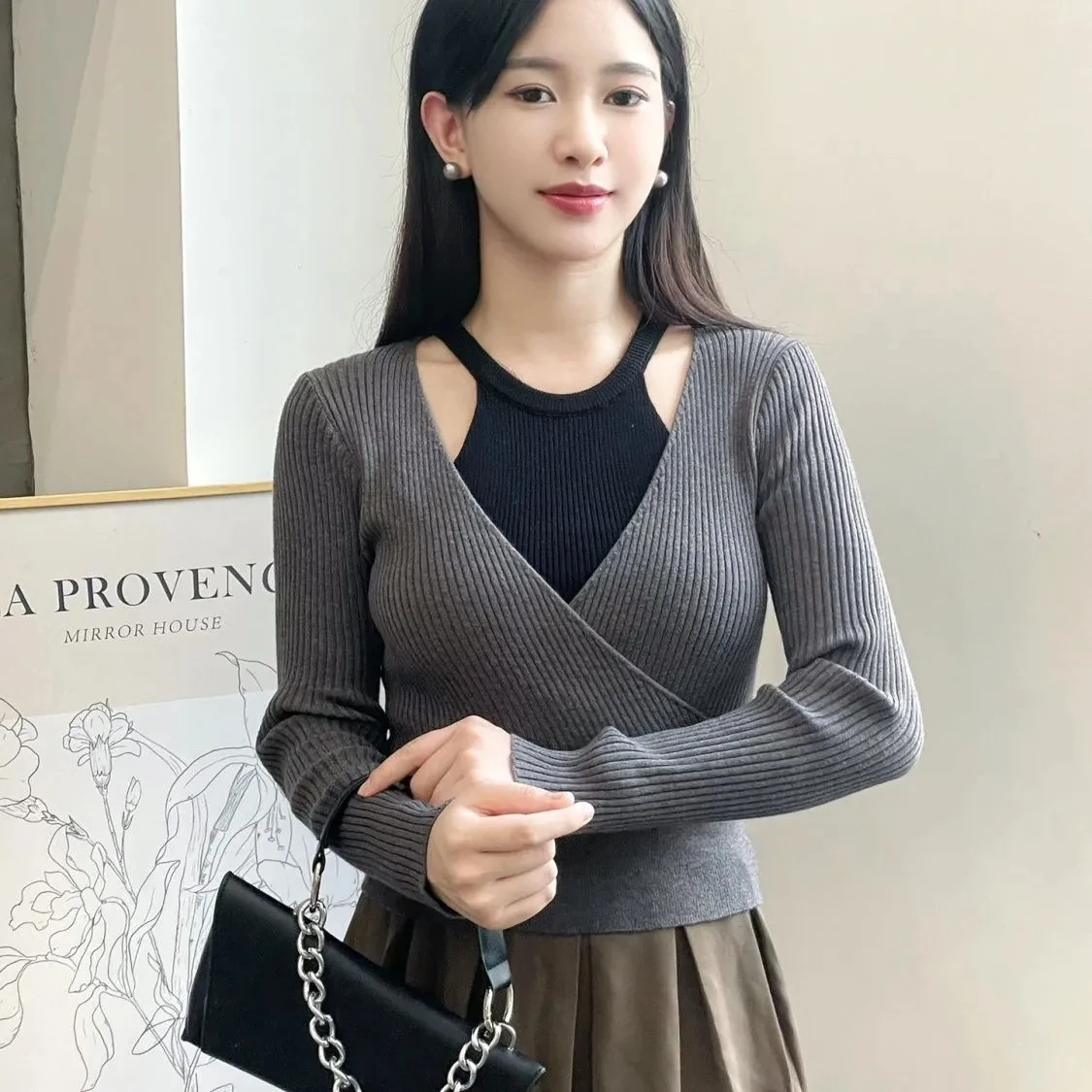 Halter Neck Fake Two Sueter Mujer Jersey Shirts Women Pullover Winter Clothes Women Jumper Hollow Sweaters 2026 Slim Clothes