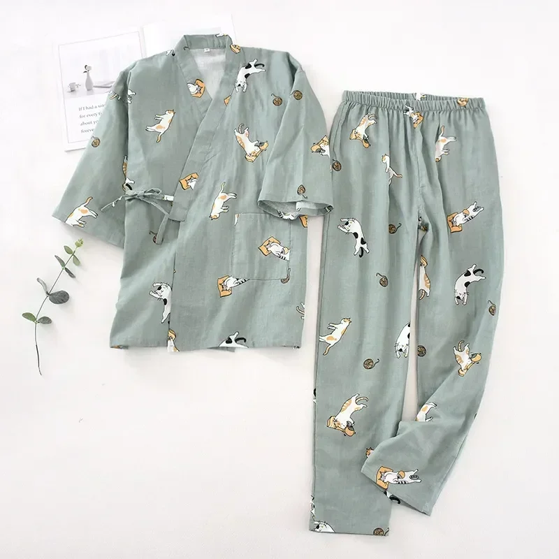 Nowy zestaw piżamy kimono w stylu japońskim z rękawami 3/4 dla kobiet, na wiosnę i jesień 2026, 100% bawełna, gaza, odzież domowa, uroczy, słodki, dwuczęściowy.