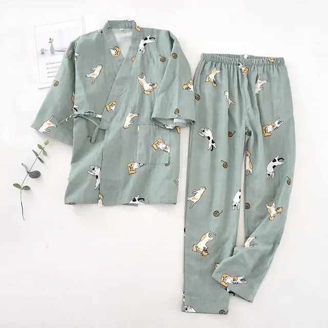 Nowy zestaw piżamy kimono w stylu japońskim z rękawami 3/4 dla kobiet, na wiosnę i jesień 2026, 100% bawełna, gaza, odzież domowa, uroczy, słodki, dwuczęściowy.