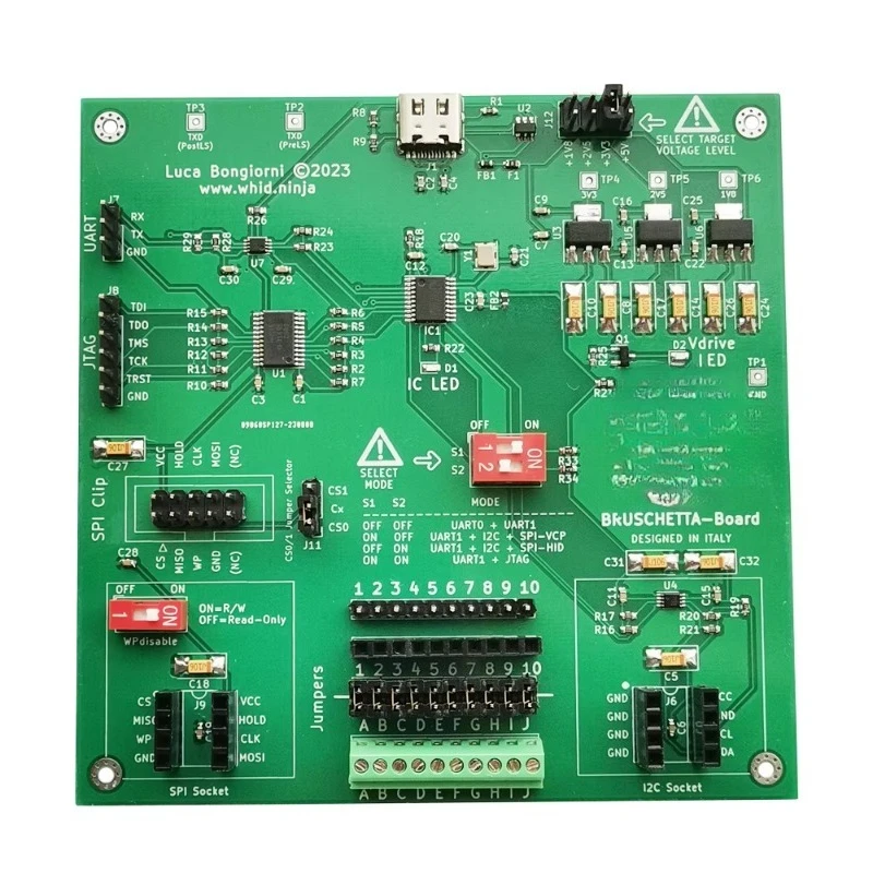 BRUSCHETTA-Board: Multi-protocol hardware that supports UART, JTAG, SPI, and I2C