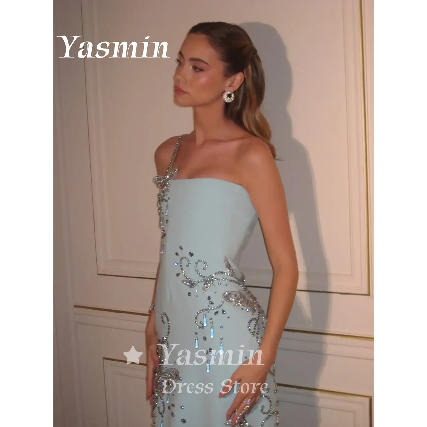 Floral Tape Green - Luxury Mint Green Modest Evening Gown
