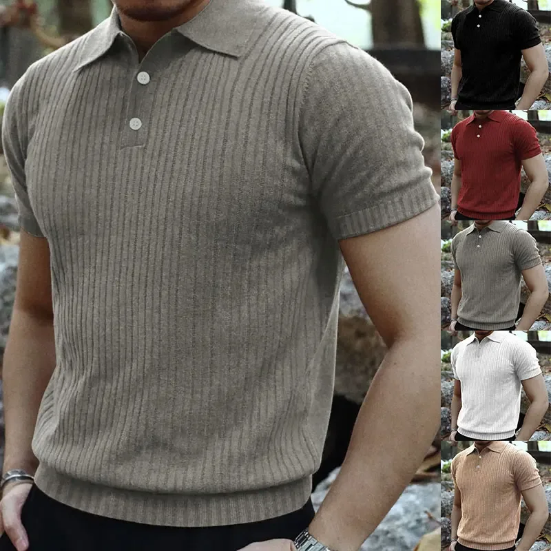 Summer Knit Men's Polo Shirt Business Casual Striped Lapel Short Sleeve Henry Shirt T-shirt Comfortable Men's Clothing
