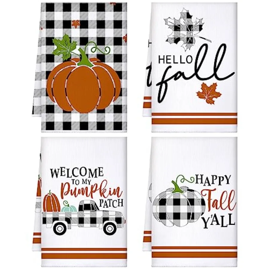 

4 Pcs Fall Kitchen Towels Fall Dish Hand Tea Towels Pumpkin Buffalo Plaid Absorbent Fast Drying Dishcloths for Autumn Harvest B