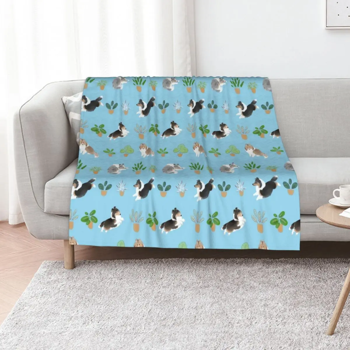 Shelties & Calathea on Blue Throw Blanket Personalized Gift Decorative Sofa Moving Multi-Purpose cosplay anime Soft Blankets