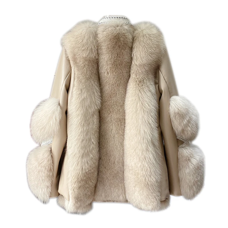 Harppihop NEW Real Fox Fur Coat with Genuine Sheepskin Leather Jacket Long Sleeves 100% Natural Fox Fur Coats for Women Hot Sale