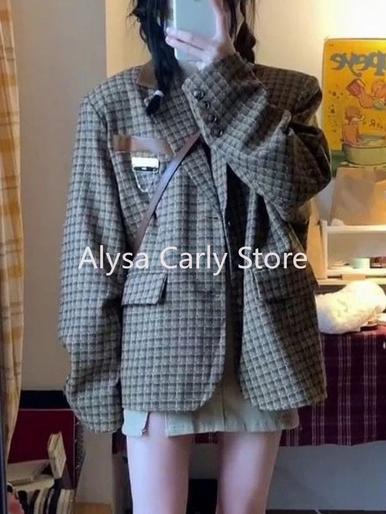 British Style Plaid Blazer Women Winter Korean Fashion Chic Patchwork Design Coat Female Elegant Office Lady New in Outerwears