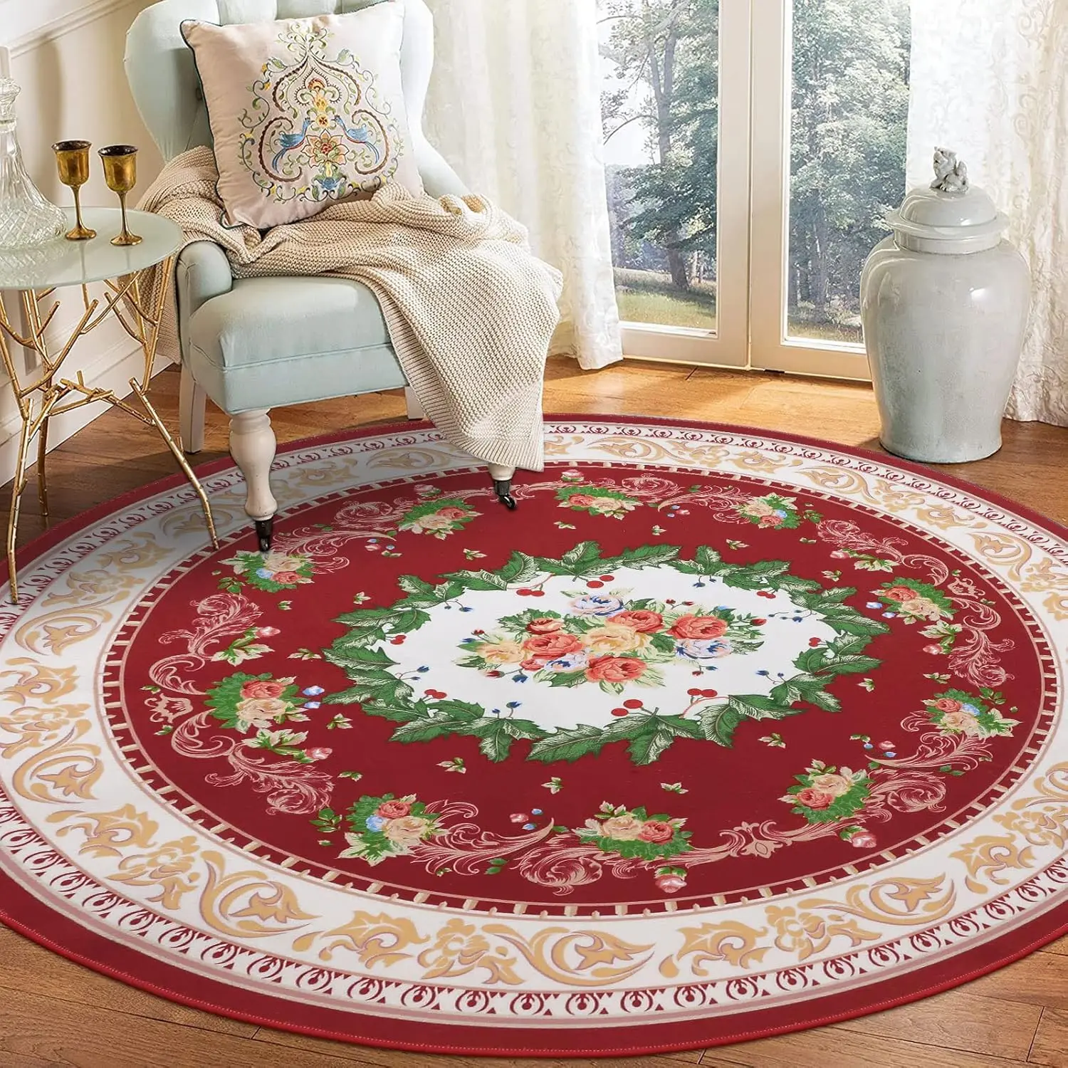 Round Rug Washable Circle Rug Non Slip Low Pile Boho Floral Small Circular Rug for Bedroom, Bathroom,Living Dining Room