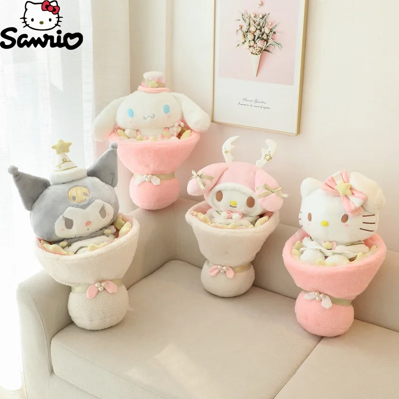 Sanrio Melody Flower Plush Toy, Kawaii Desenhos Animados, Kuromi Hello Kitty Bouquet, Brinquedos Recheados, Decoração do quarto Boneca, Presente do dia dos namorados