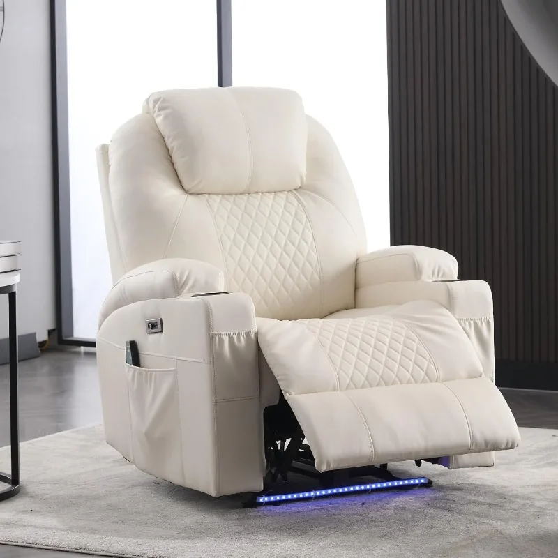 Power Recliner Chair, Home Theater Seating with LED Ambient Lighting, PU Leather Lazy Sofa Heat Massage Chair