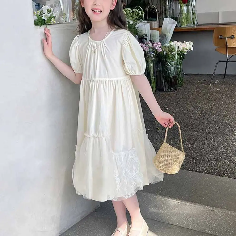 

Модное свободное платье с пышными рукавами для девочек, плиссированные летние платья для подростков, кружевное праздничное детское платье принцессы, пляжное платье